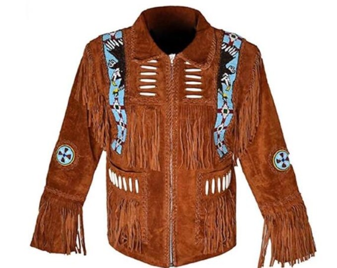 Men Brown Western Leather Suede Jacket | Classic Buckskin Traditional Native American Fringe Cowboy Jacket Coat with Zipper Beaded & Tassels