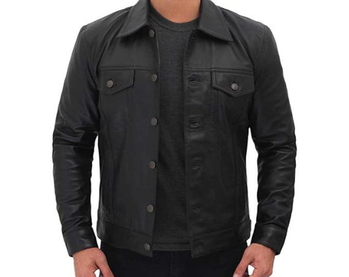 Black 100% Genuine Sheepskin Distressed Leather Jacket Men - Retro Biker Cafe Racer Jacket, Vintage Native American Motorcycle Jacket Collar