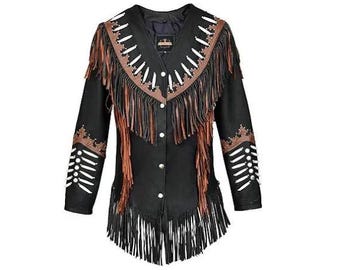 Traditional Cowlady 100% Genuine Western Cowhide Leather Jacket women Cow Lady Classic Native American Tassels Fringe Cowgirl Jacket