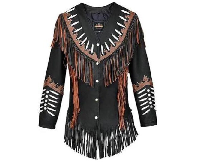 Traditional Cowlady 100% Genuine Western Cowhide Leather Jacket women Cow Lady Classic Native American Tassels Fringe Cowgirl Jacket
