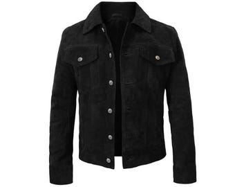 Vintage Trucker Black Leather Suede Jacket Men - Denim Handmade Motorcycle  Shirts, Café Racer Biker Jacket Retro Western Cowboy Jacket