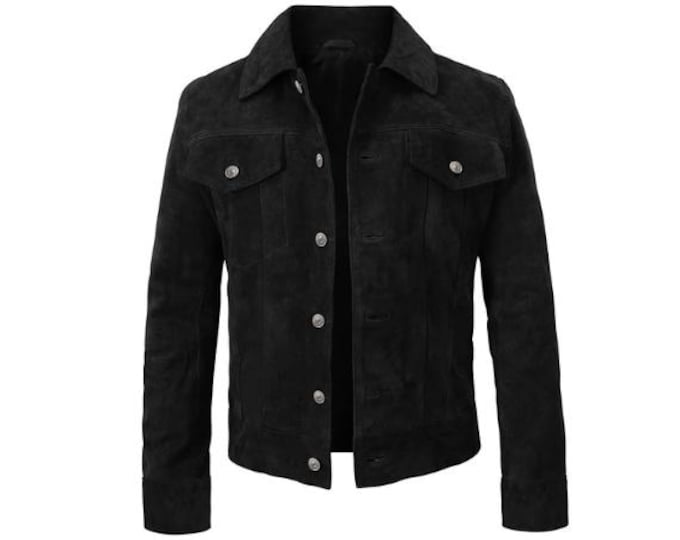 Vintage Trucker Black Leather Suede Jacket Men - Denim Handmade Motorcycle  Shirts, Café Racer Biker Jacket Retro Western Cowboy Jacket
