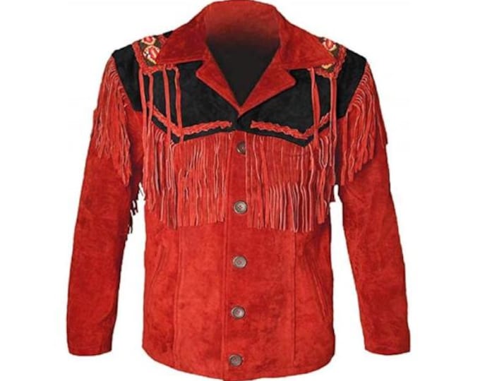 Men Western Genuine Leather Suede Jacket | Classic Buckskin Traditional Native American Cowboy Fringe Jacket Coat with Beaded & Tassels
