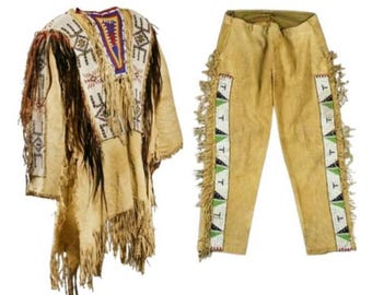 Handmade Plains Style Beaded Leather War Shirt and Pants for Powwow & Festival Wear