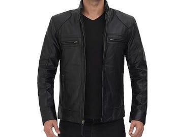 Black 100% Genuine Sheepskin Leather Jacket Men - Vintage Handmade Cafe Racer Biker Jacket, Native American Motorcycle Jacket - Zipper