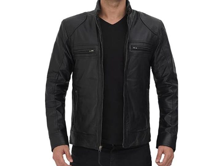 Black 100% Genuine Sheepskin Leather Jacket Men - Vintage Handmade Cafe Racer Biker Jacket, Native American Motorcycle Jacket - Zipper