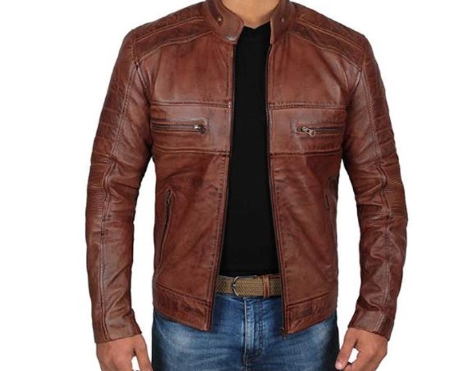Vintage Brown 100% Genuine Sheepskin Leather Jacket Men - Handmade Retro Cafe Racer Biker Jacket, Native American Motorcycle Jacket - Zipper