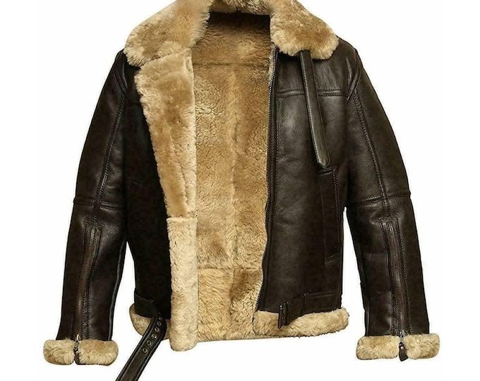 Men's  Shearling Leather  Soft Faux Fur Lining Aviator Bomber Jacket, Winter Warm Coat,