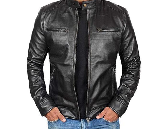 Black 100% Genuine Sheepskin Leather Jacket Men - Vintage Handmade Cafe Racer Biker Jacket, Native American Motorcycle Jacket - Zipper
