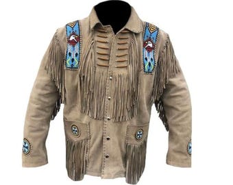 Brown Western Suede Leather Jacket Men | Traditional Native American Buckskin Cowboy Fringe Jacket Coat with Beaded & Tassels