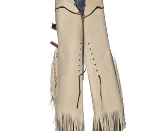 Western Riding Chaps For Women Handmade Cowhide Light Beige Leather Fringe Chaps With Dark Brown Accents and Fringes