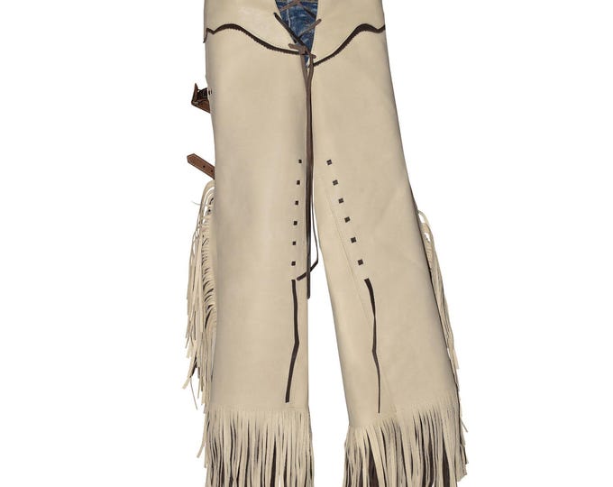 Western Riding Chaps For Women Handmade Cowhide Light Beige Leather Fringe Chaps With Dark Brown Accents and Fringes
