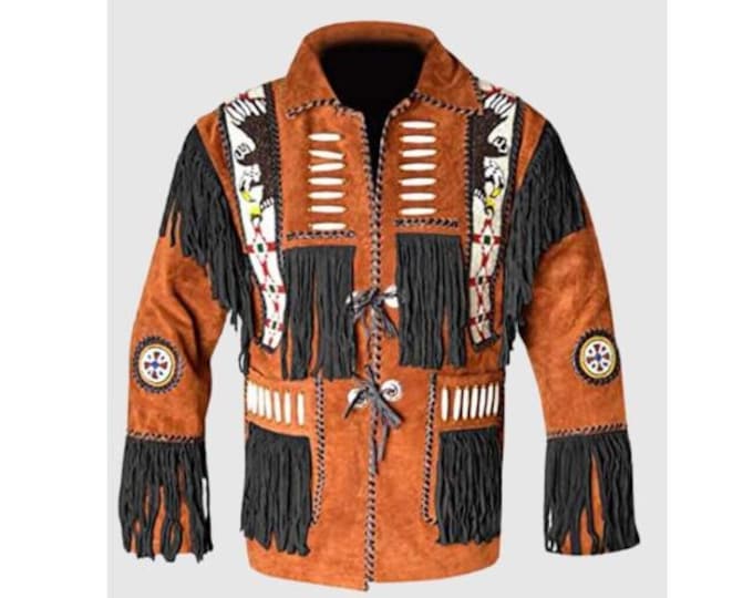Brown Western Leather Suede Jacket Men | Classic Buckskin Traditional Native American Cowboy Fringe Jacket Coat with Beaded & Tassels