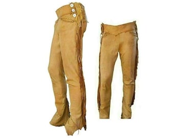 Authentic Men Western Leather Suede Pant Trouser | Vintage Native American Legside Cowboy Fringe Pant | Handmade Indian Buckskin Beaded Pant