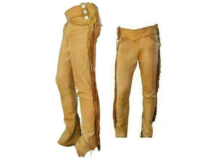 Authentic Men Western Leather Suede Pant Trouser | Vintage Native American Legside Cowboy Fringe Pant | Handmade Indian Buckskin Beaded Pant