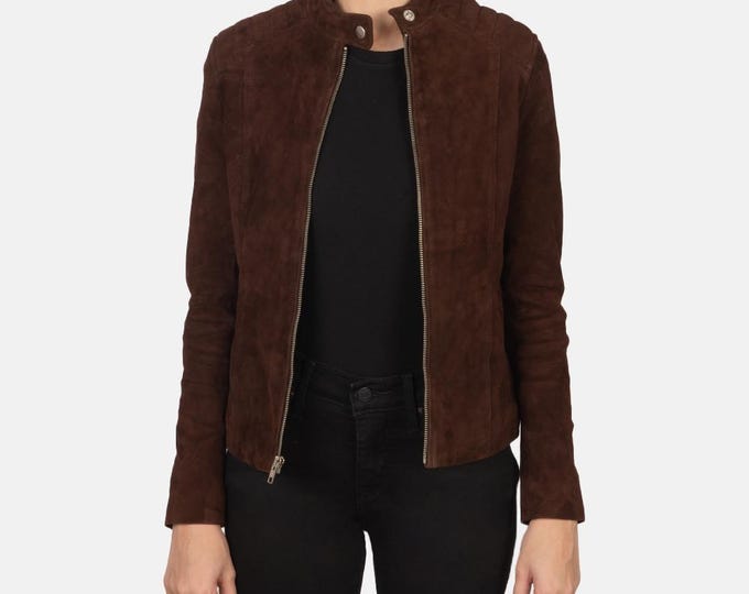Brown Women Genuine Trucker Suede Leather Jacket - Handmade Retro Cafe Racer Biker Jacket, Vintage Native American Bomber Motorcycle Jacket