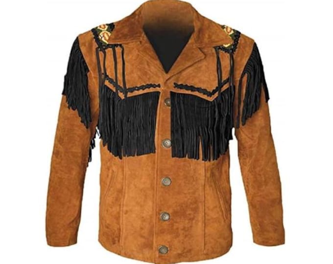Men Western 100% Genuine Leather Suede Jacket | Classic Buckskin Traditional Native American Cowboy Fringe Jacket Coat with Beaded & Tassels