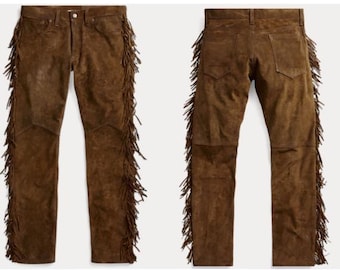 Authentic Men Western Leather Suede Pant Trouser | Vintage Native American Tassels Cowboy Fringe Pant | Handmade Indian Buckskin Beaded Pant