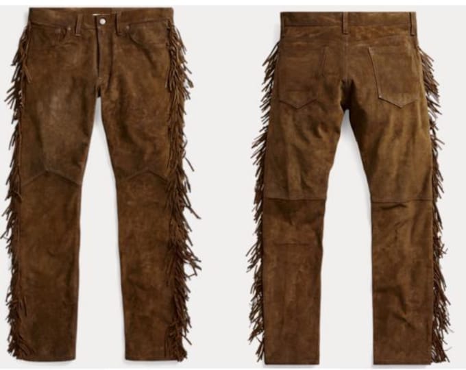 Authentic Men Western Leather Suede Pant Trouser | Vintage Native American Tassels Cowboy Fringe Pant | Handmade Indian Buckskin Beaded Pant