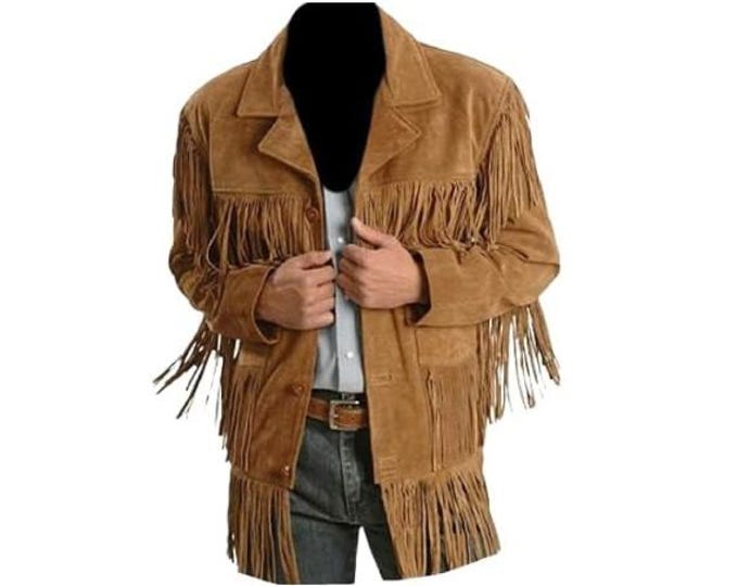Brown Western Leather Suede Jacket Men | Traditional Vintage Buckskin Native American Cowboy Fringe Jacket Coat with Button & Tassels