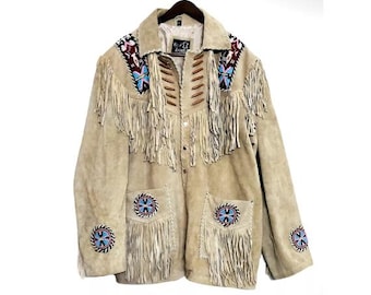 Men Brown Western Leather Suede Jacket | Classic Buckskin Traditional Native American Fringe Jacket Cowboy Coat with Zipper Beads & Tassels