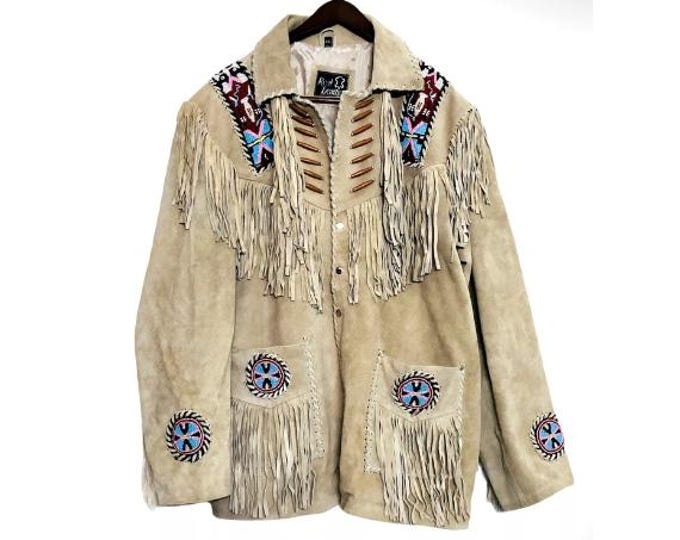 Men Brown Western Leather Suede Jacket | Classic Buckskin Traditional Native American Fringe Jacket Cowboy Coat with Zipper Beads & Tassels