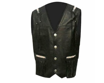 Traditional Black Men Western Cowhide Leather Vest - Classic Native American Fringe Vest, Vintage Leather Beads Tassel Cowboy Vest Waistcoat