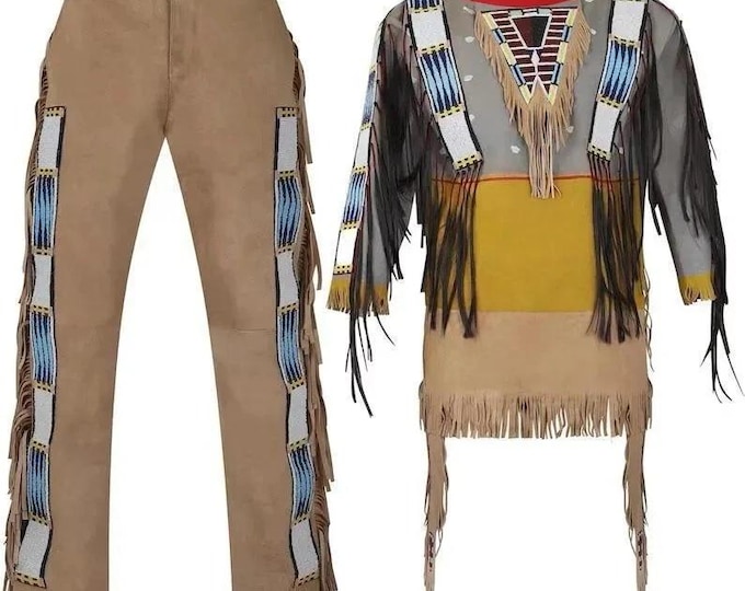 Handcrafted Indian Style War Shirt & Pant Native Suede Leather Beaded Powwow Regalia Set