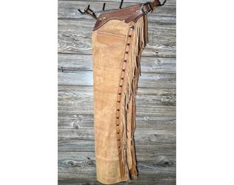 Men Brown Suede Western Leather Chaps Pant - Handmade Native American Legside Cowboy Fringe Chap, Buckskin Beaded Horse Mountain Rider Chaps
