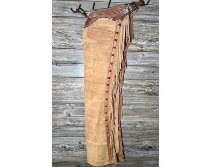 Men Brown Suede Western Leather Chaps Pant - Handmade Native American Legside Cowboy Fringe Chap, Buckskin Beaded Horse Mountain Rider Chaps