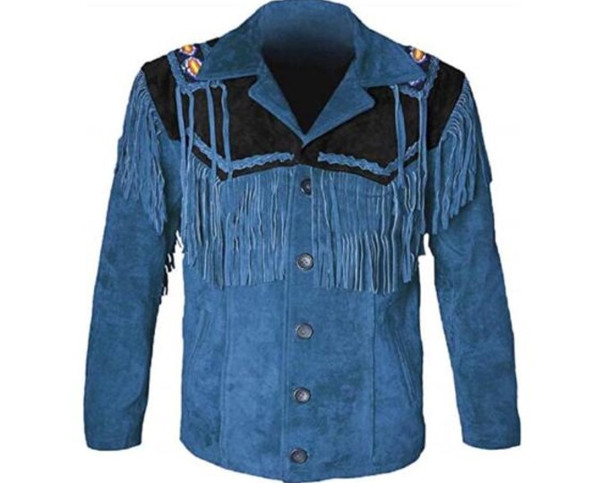 Western Genuine Suede Leather Jacket Men | Classic Buckskin Traditional Native American Cowboy Fringe Jacket Coat with Beaded & Tassels