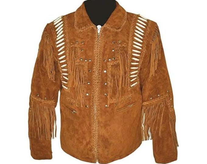 Western Brown Suede Leather Jacket Men | Classic Buckskin Traditional Native American Cowboy Fringe Jacket Coat with Zipper Beaded & Tassels
