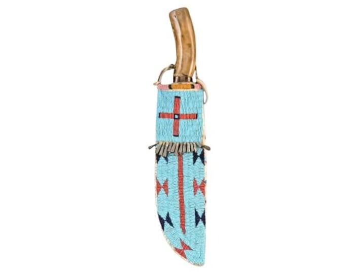 Antique Native American Sioux Tribe Leather Knife Cover - Vintage Handmade Leather Knife Sheath, Indian Hide Beaded Leather knives Cover