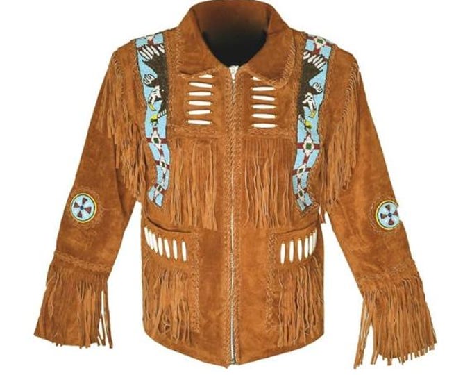 Men Brown Western Leather Suede Jacket | Classic Buckskin Traditional Native American Fringe Jacket Cowboy Coat with Zipper Beaded & Tassels