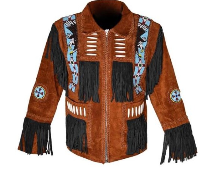 Men Brown Western Suede Leather Jacket | Classic Buckskin Traditional Native American Cowboy Jacket Fringe Coat with Zipper Beaded & Tassels
