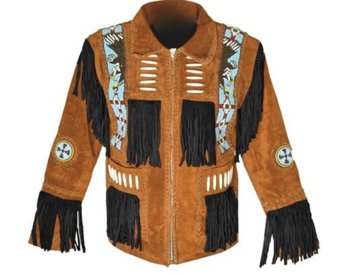 Men Brown Western Leather Suede Jacket | Classic Buckskin Traditional Native American Fringe Cowboy Jacket Coat with Zipper Beaded & Tassels