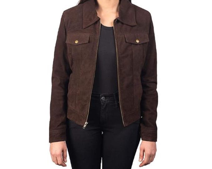 Brown Women Genuine Trucker Suede Leather Jacket - Handmade Vintage Cafe Racer Biker Jacket, Native American Bomber Motorcycle Jacket