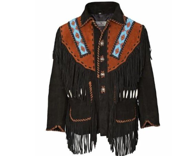 Black Western Suede Leather Jacket Men | Buckskin Traditional Native American Cowboy Fringe Jacket Coat with Beaded & Tassels