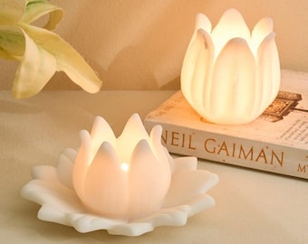 Portavelas de loto blanco para velas pequeñas, portavelas con forma de flor de loto, decoración para meditación, decoración para yoga, decoración zen para el hogar, regalo espiritual, decoración para spa