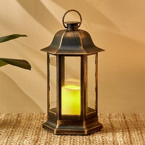 Rustic LED Lantern with Flameless Candle For Weddings & Christmas Gift– Vintage Bronze Decorative Lantern for Home Décor