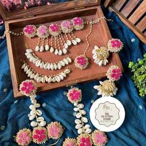 Handmade Floral Jewelry Set: Haldi Mehendi Necklace Earrings Bracelet