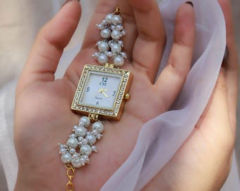 Kundan Pearl Bracelet Watch: Gold Plated Indian Bridal Jewelry