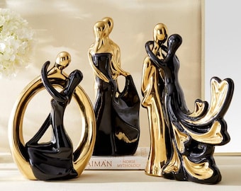 Romantic Couple Figurines Set – Gold Black Sculpture | Wedding Gift, Anniversary Gift & Decor, Modern Home Decoration, Love Couple Statue