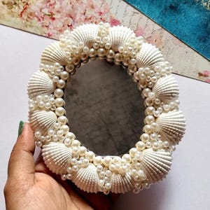 Handmade Seashell Mirror | Coastal Beach Decor | Pearl Vanity Mirror | Nautical Wall Art | Ocean Themed Shell Mirror | Boho Home Decor Gift