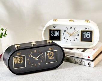 Reloj de sobremesa retro con indicador de fecha y día, reloj de escritorio vintage, reloj de mesa minimalista, decoración de oficina, decoración moderna para el hogar, regalo para él/ella.