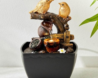 Bird Water Fountain Indoor with LED Light, Tabletop Zen Fountain, Relaxing Water Feature, Home Decor, Desk Fountain, Nature Decor Gift