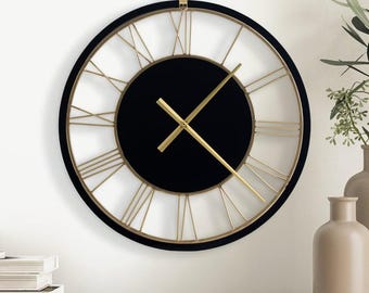Large Wall Clock 50cm | Black and Gold Roman Numeral Clock | Oversized Modern Farmhouse Wall Decor | Vintage Industrial Metal Clock