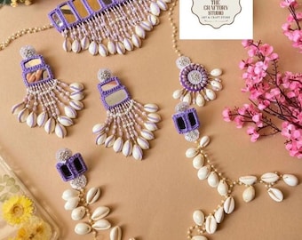 Boho Cowrie Shell Bridal Jewelry Set: Mirror Choker, Maang Tikka, Earrings