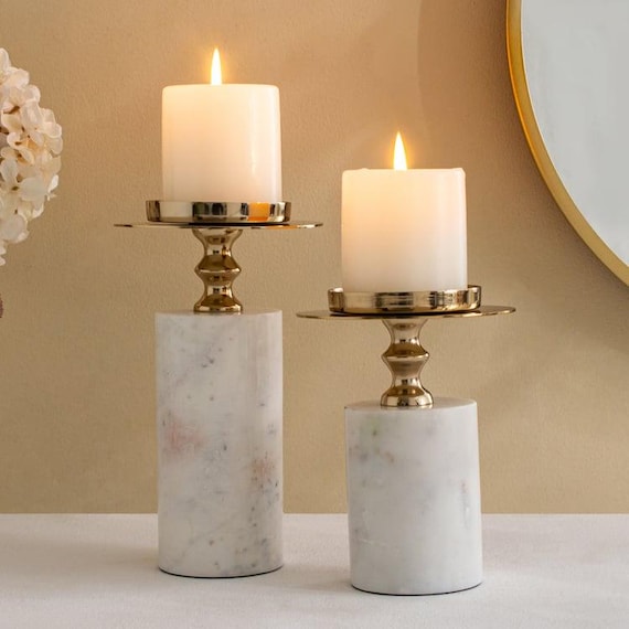 Marble Candle Holder with Brass Stand | Luxury Pillar Candle Holder | Modern Minimalist Home Decor | Elegant Wedding & Table Centerpiece