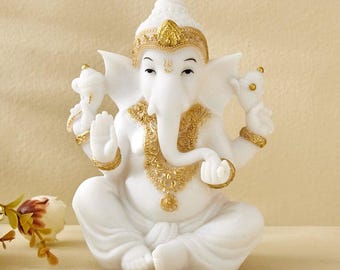 White - Gold Finish Lord Ganesha Idol with Shivling | Ganpati Murti for Home Temple & Office | Gold Accent Hindu God Statue | Spiritual Gift